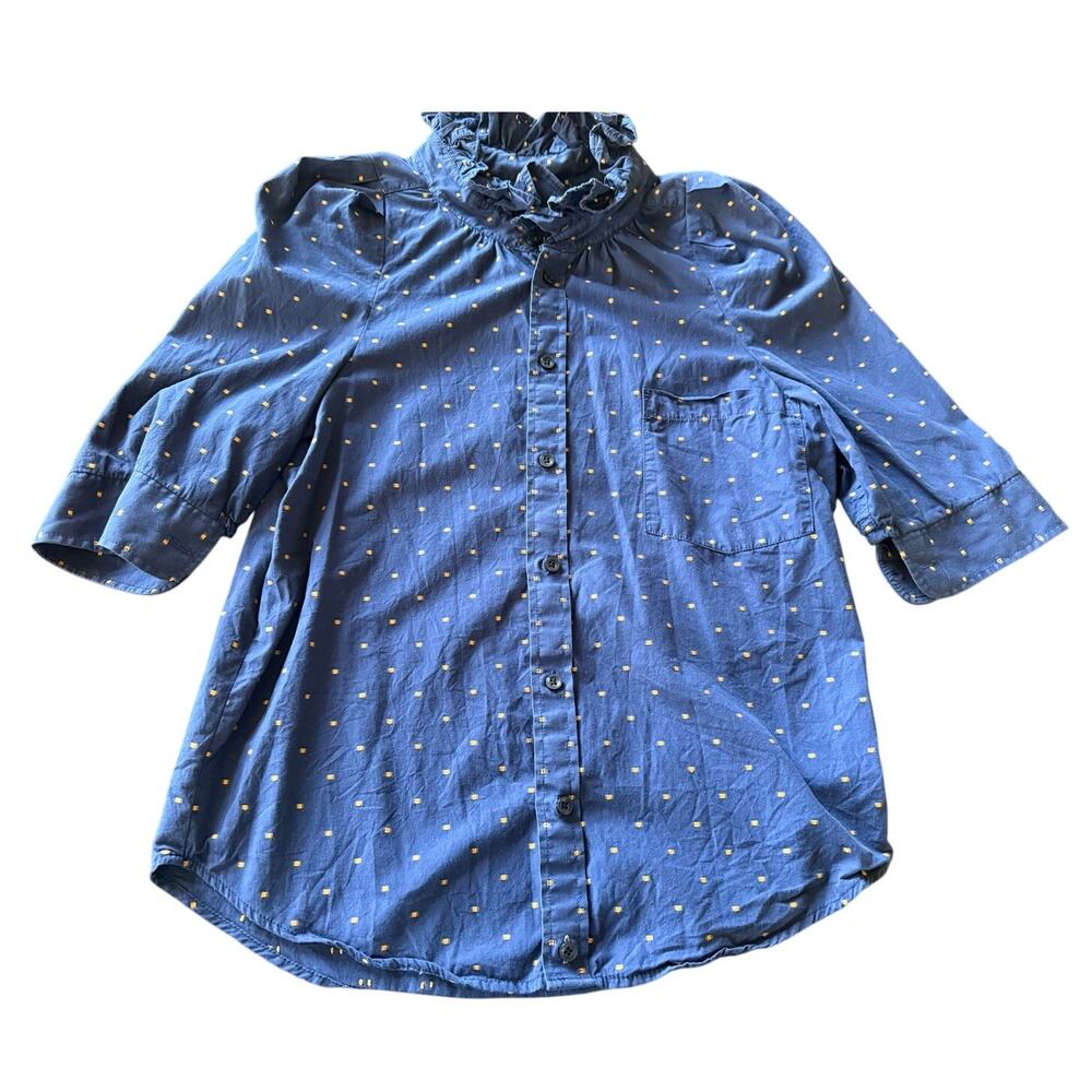 KMJ Men's Button Up Shirt Medium Blue‎ Polka Dot Ruffle Preppy Workwear Office